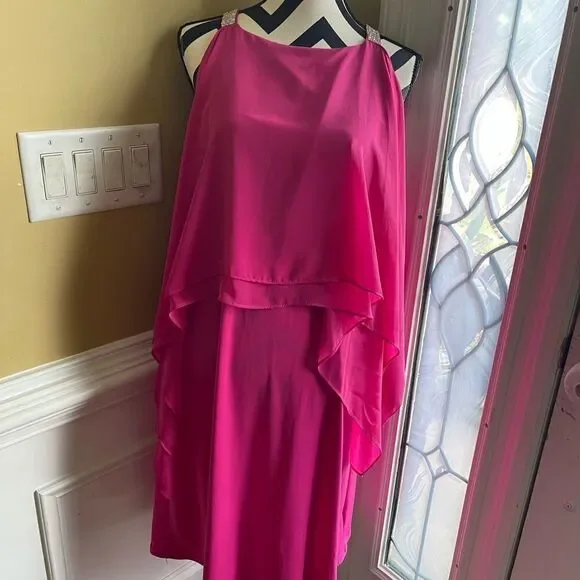 Glamour Hot pink polyester and spandex flowy sleeveless rhinestones accents SZ16 - Picture 3 of 12